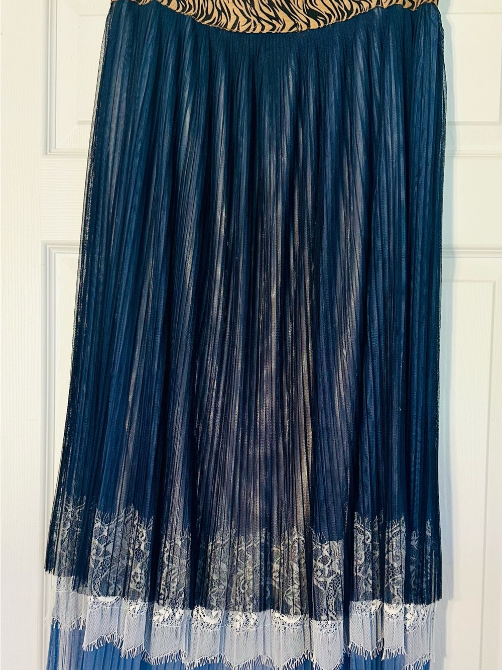 Navy Pleated A-Line Skirt with White Lace Hem